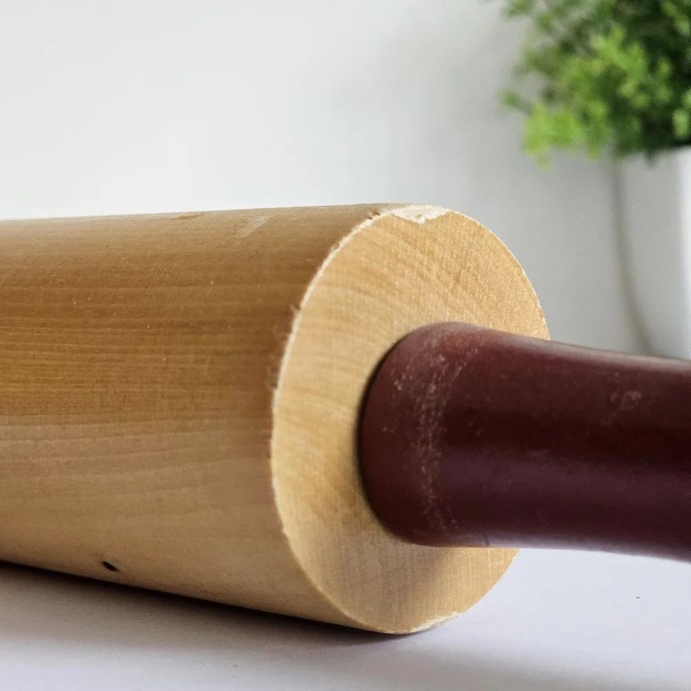 Vintage Decorative Wooden Rolling Pin with Red Apple Rustic Farmhouse Design